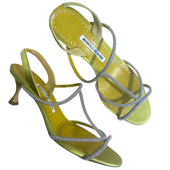 Manolo Blahnik Lucecry Satin Green Yellow Crystal Strappy High Heel Sandals 38 - Picture 1 of 14